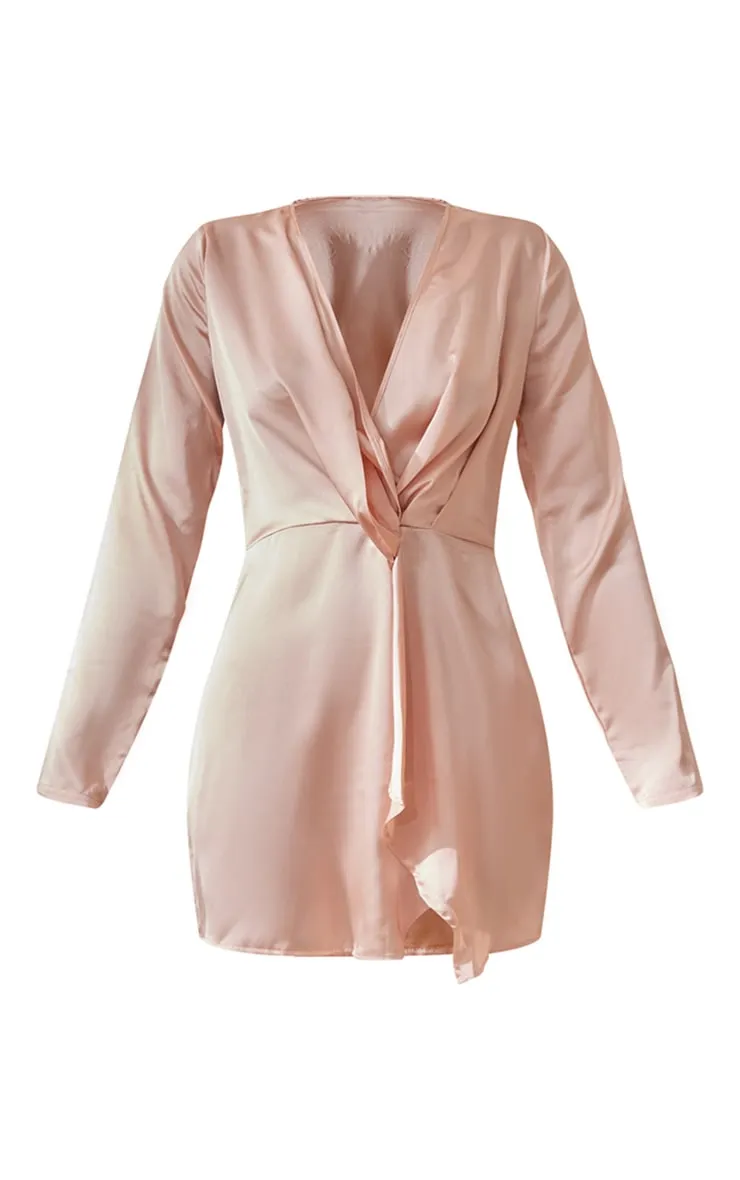 Nude Satin Long Sleeve Wrap Dress sold by Pretty Little Thing product image thumbnail 5