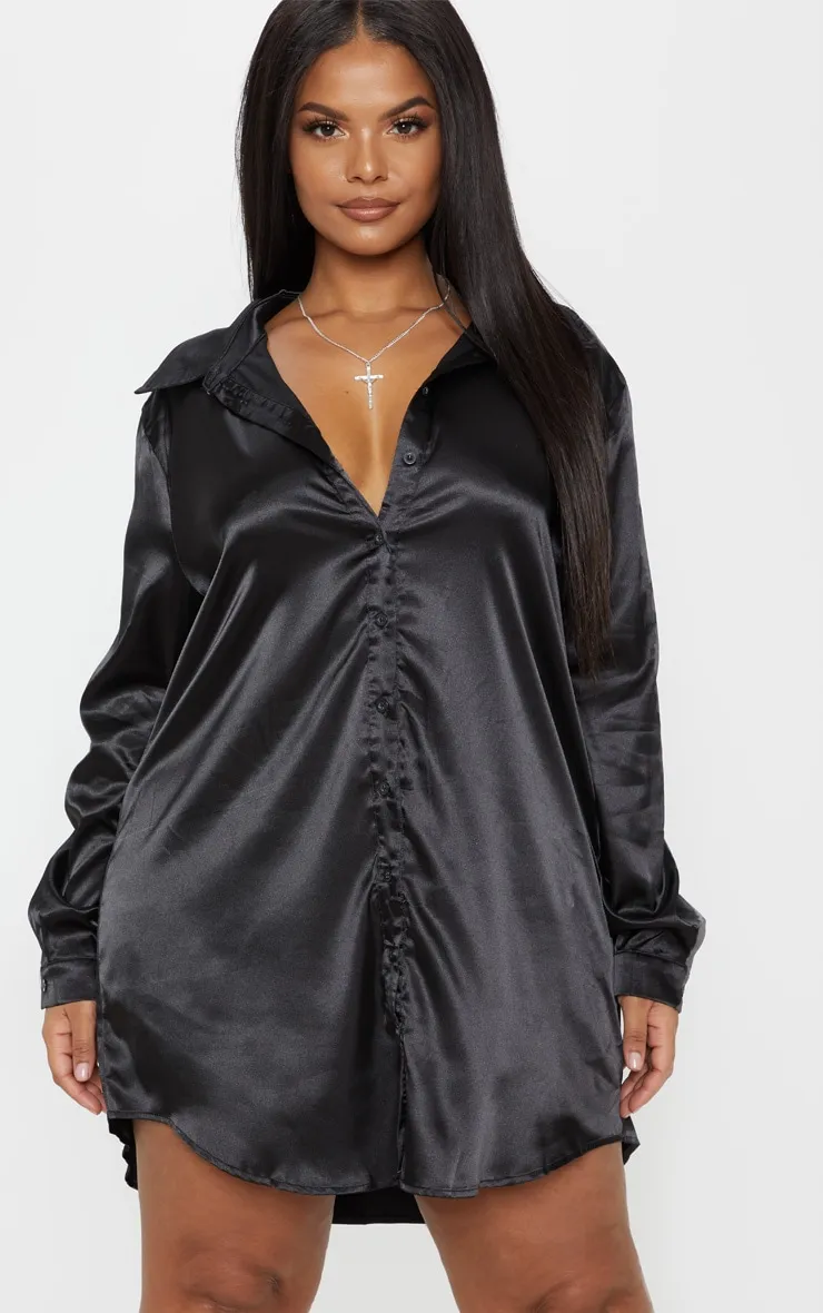 Plus Black Satin Button Front Shirt Dress sold by Pretty Little Thing