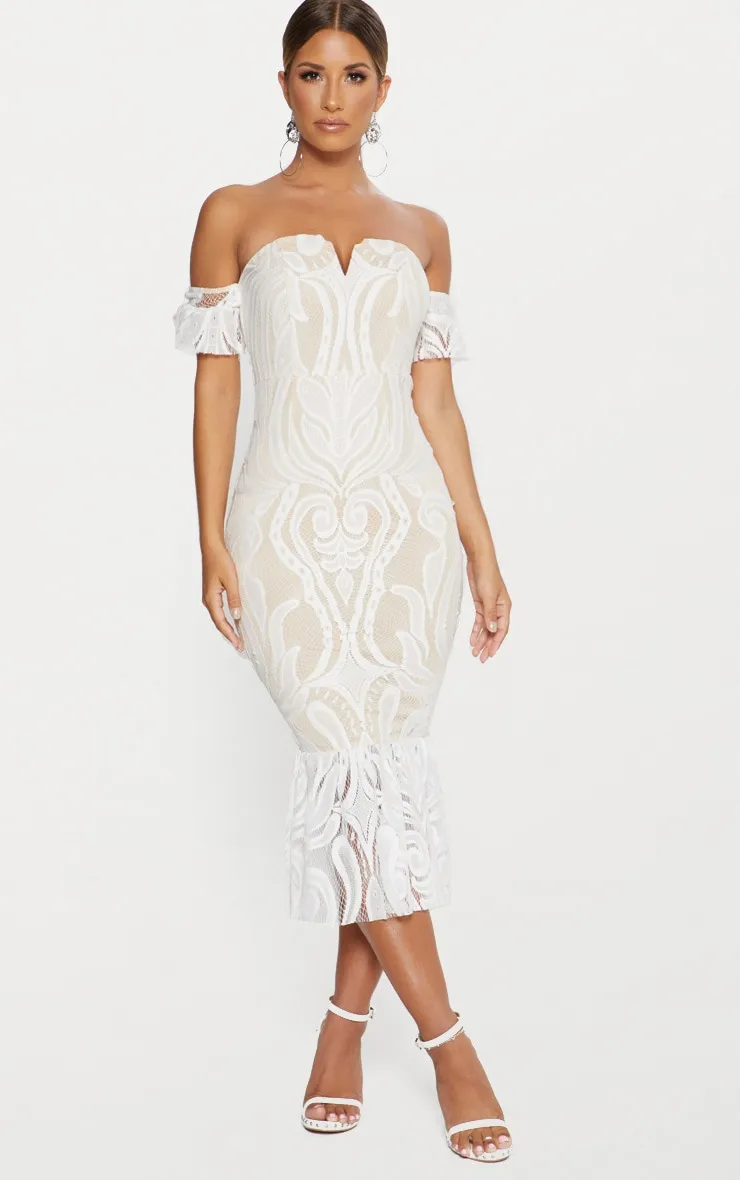 White Bardot Lace Frill Hem Midi Dress sold by Pretty Little Thing