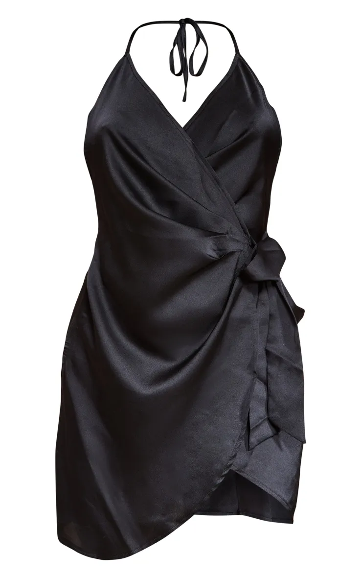 Black Satin Halterneck Wrap Bodycon Dress sold by Pretty Little Thing product image thumbnail 5