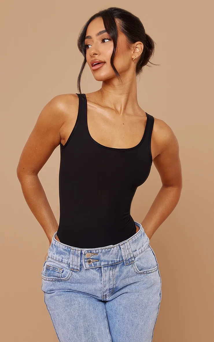 Petite Black Slinky Square Neck Thong Bodysuit sold by Pretty Little Thing