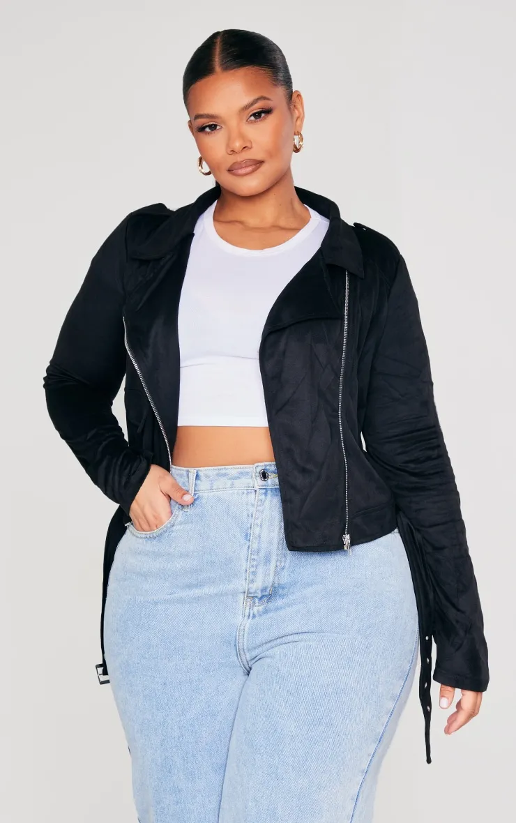 Plus Black Faux Suede Biker Jacket sold by Pretty Little Thing