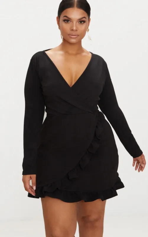 Plus Black Long Sleeve Ruffle Wrap Dress sold by Pretty Little Thing