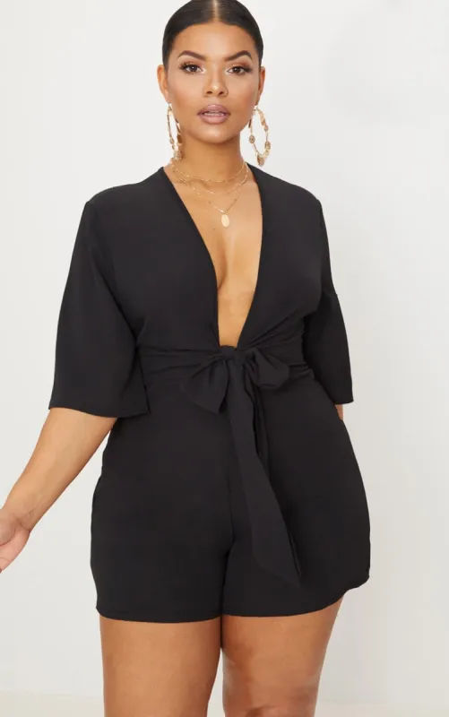 Plus Black Tie Waist Playsuit sold by Pretty Little Thing