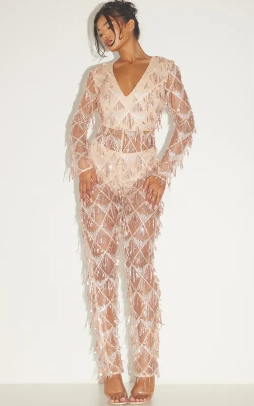Rose Gold Tassel Sequin Plunge Jumpsuit sold by Pretty Little Thing