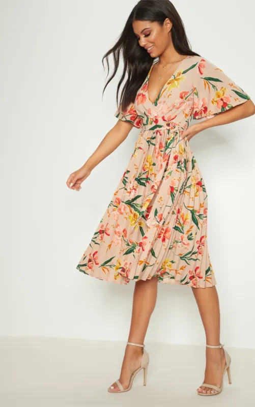 Pink Floral Pleated Midi Dress sold by Pretty Little Thing