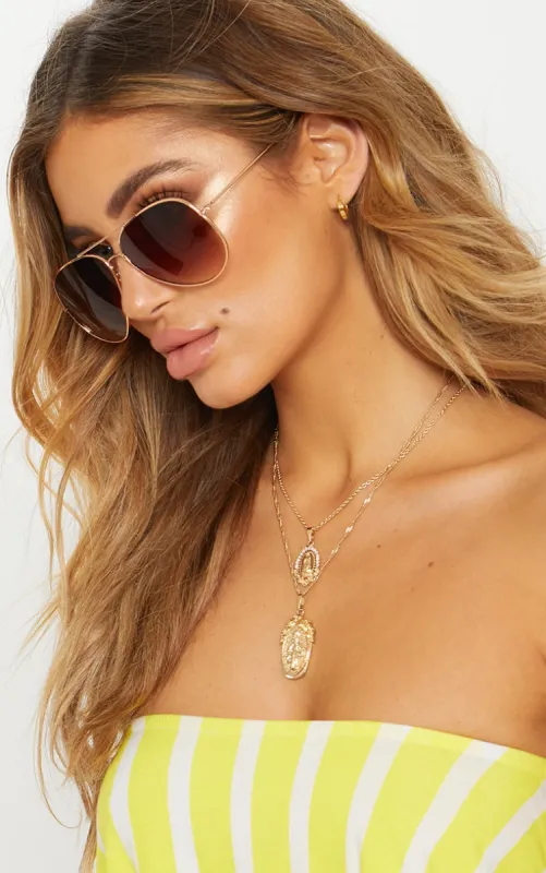 Brown Metal Aviator Sunglasses sold by Pretty Little Thing