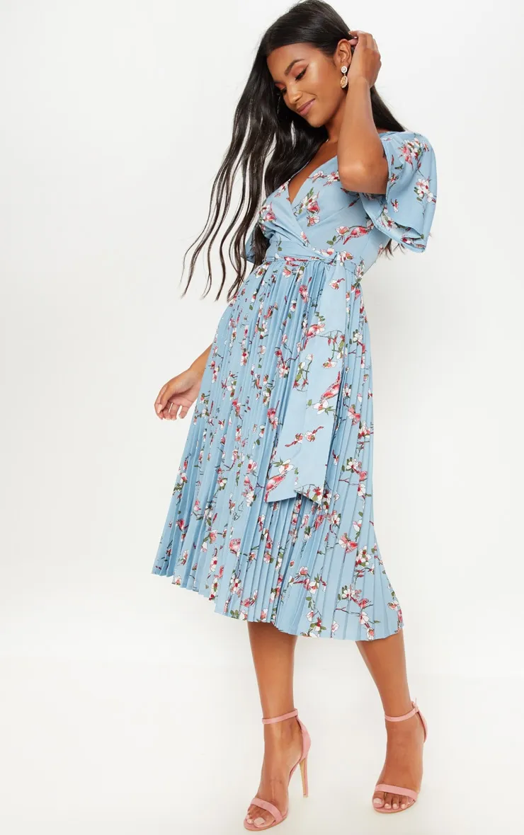 Dusty Blue Floral Pleated Midi Dress sold by Pretty Little Thing