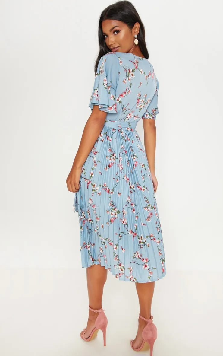 Dusty Blue Floral Pleated Midi Dress sold by Pretty Little Thing product image thumbnail 2