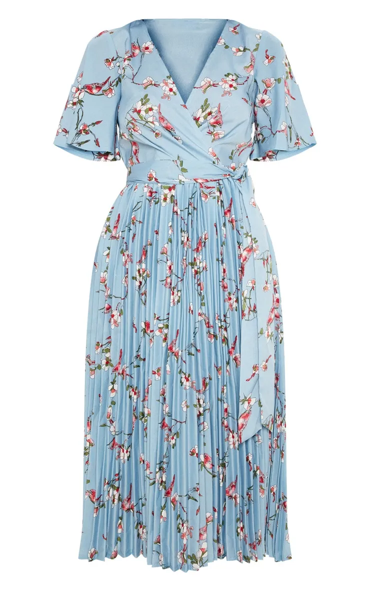 Dusty Blue Floral Pleated Midi Dress sold by Pretty Little Thing product image thumbnail 3