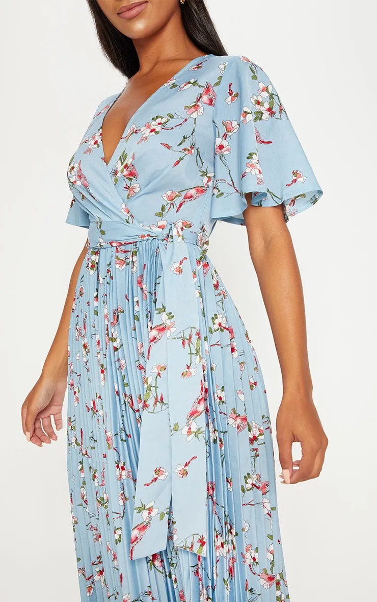 Dusty Blue Floral Pleated Midi Dress sold by Pretty Little Thing product image thumbnail 5