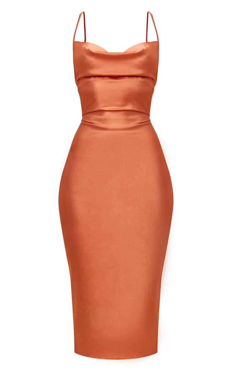 Rust Strappy Back Cowl Neck Satin Midi Dress sold by Pretty Little Thing product image thumbnail 5