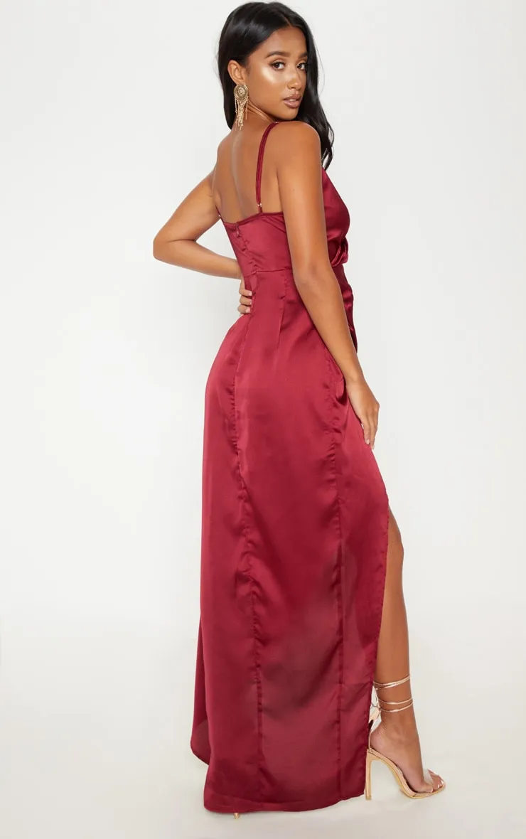 Petite Burgundy Satin Wrap Detail Maxi Dress sold by Pretty Little Thing product image thumbnail 2