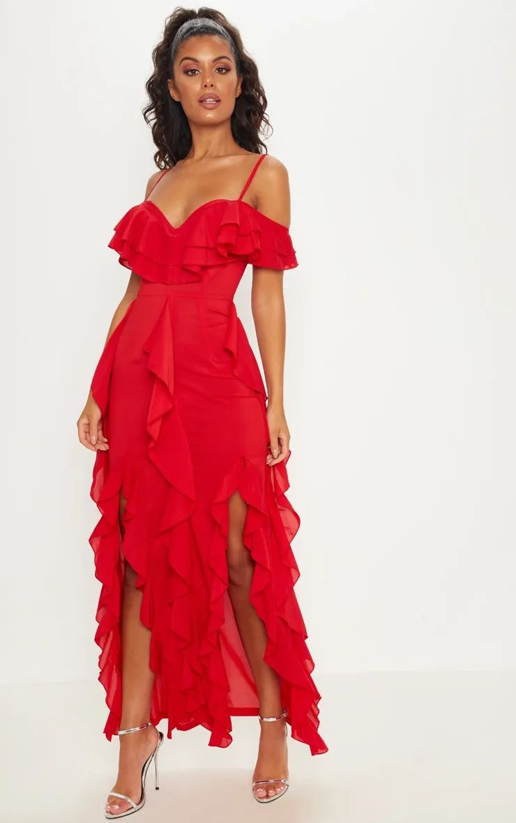 Red Cold Shoulder Ruffle Detail Maxi Dress sold by Pretty Little Thing