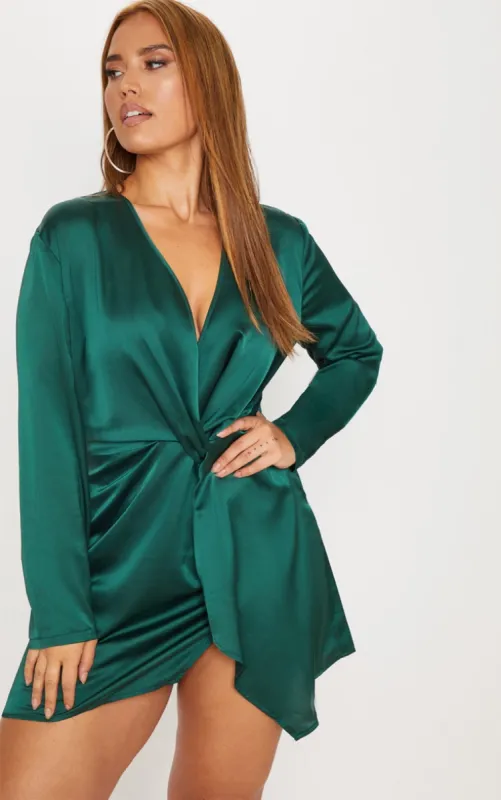 Plus Emerald Green Satin Long Sleeve Wrap Dress made by Pretty Little Thing