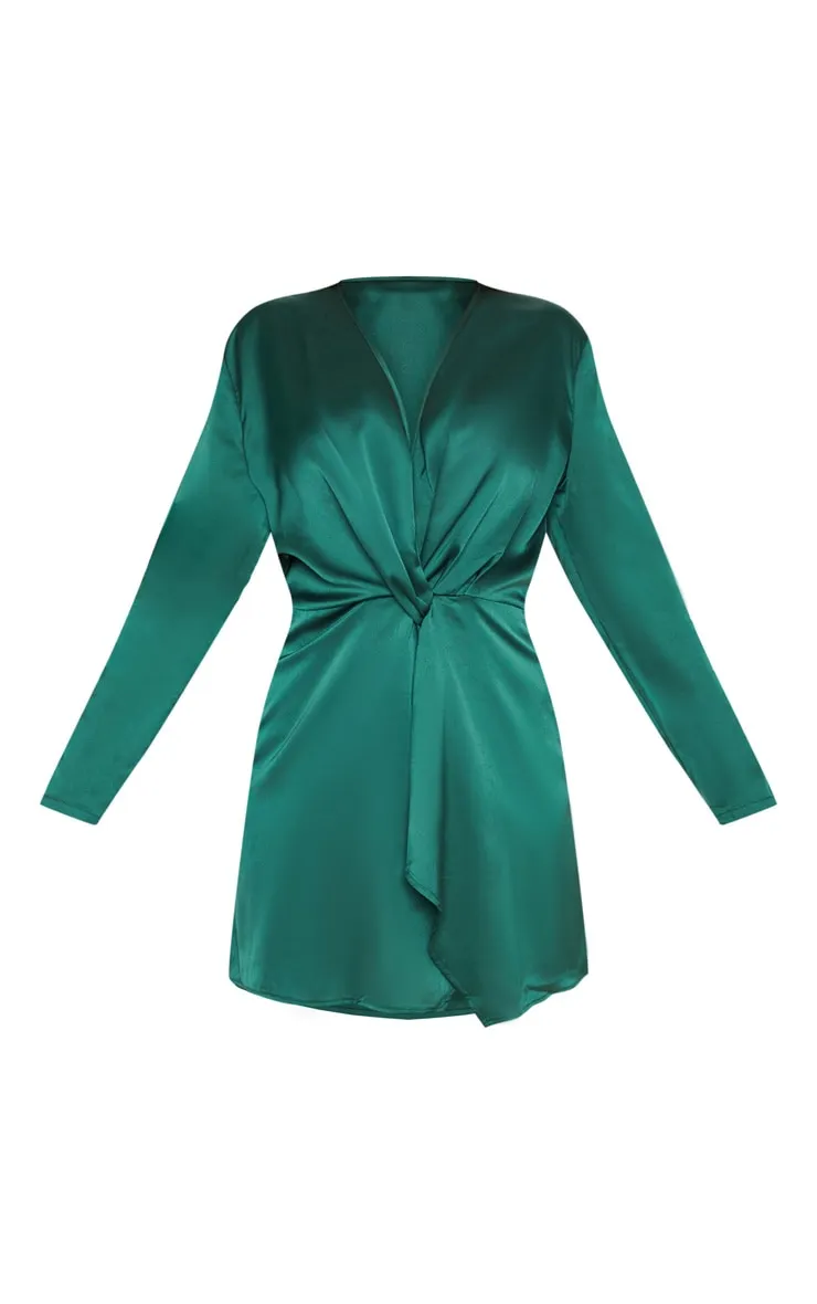 Plus Emerald Green Satin Long Sleeve Wrap Dress sold by Pretty Little Thing product image thumbnail 2