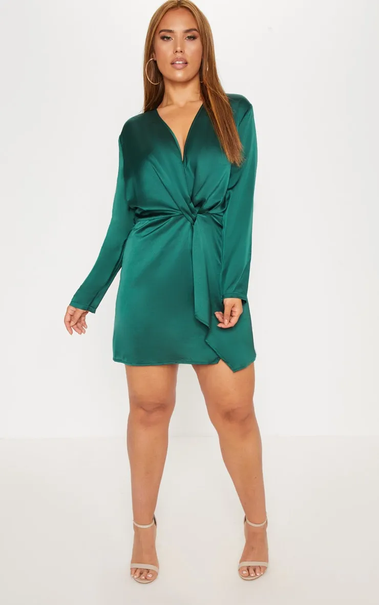 Plus Emerald Green Satin Long Sleeve Wrap Dress sold by Pretty Little Thing product image thumbnail 3