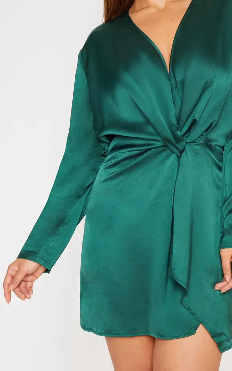 Plus Emerald Green Satin Long Sleeve Wrap Dress sold by Pretty Little Thing product image thumbnail 4