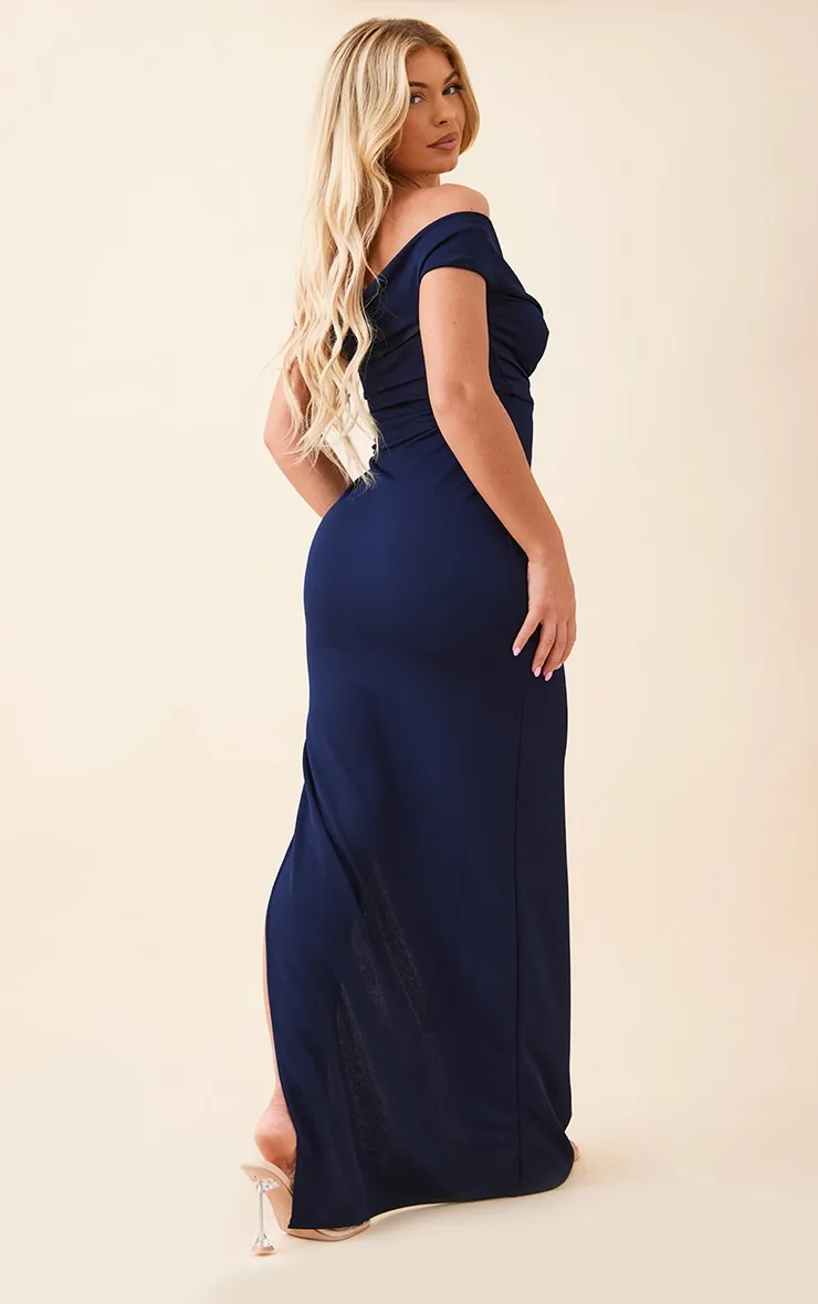 Navy Bardot Fold Detail Extreme Split Maxi Dress sold by Pretty Little Thing product image thumbnail 2