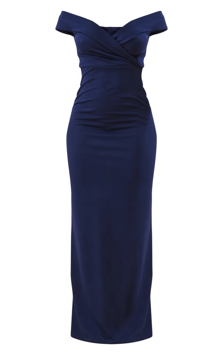 Navy Bardot Fold Detail Extreme Split Maxi Dress sold by Pretty Little Thing product image thumbnail 5