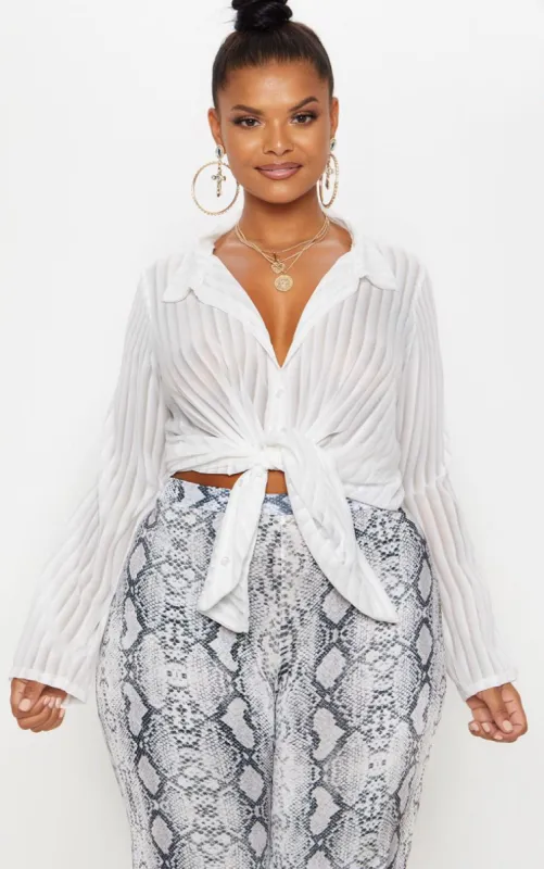 Plus White Striped Chiffon Oversized Shirt sold by Pretty Little Thing