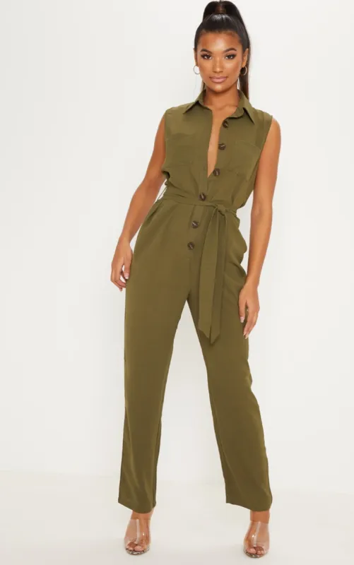 Khaki Tortoiseshell Button Sleeveless Jumpsuit sold by Pretty Little Thing