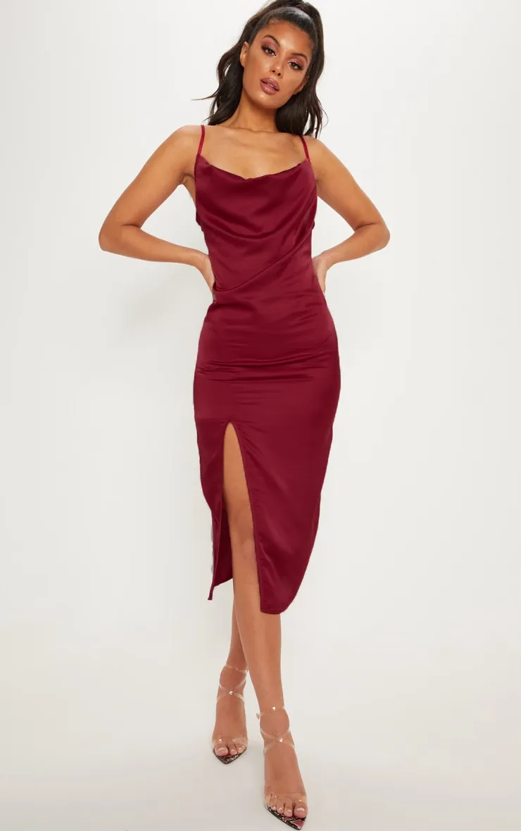 Burgundy Strappy Satin Cowl Midi Dress sold by Pretty Little Thing