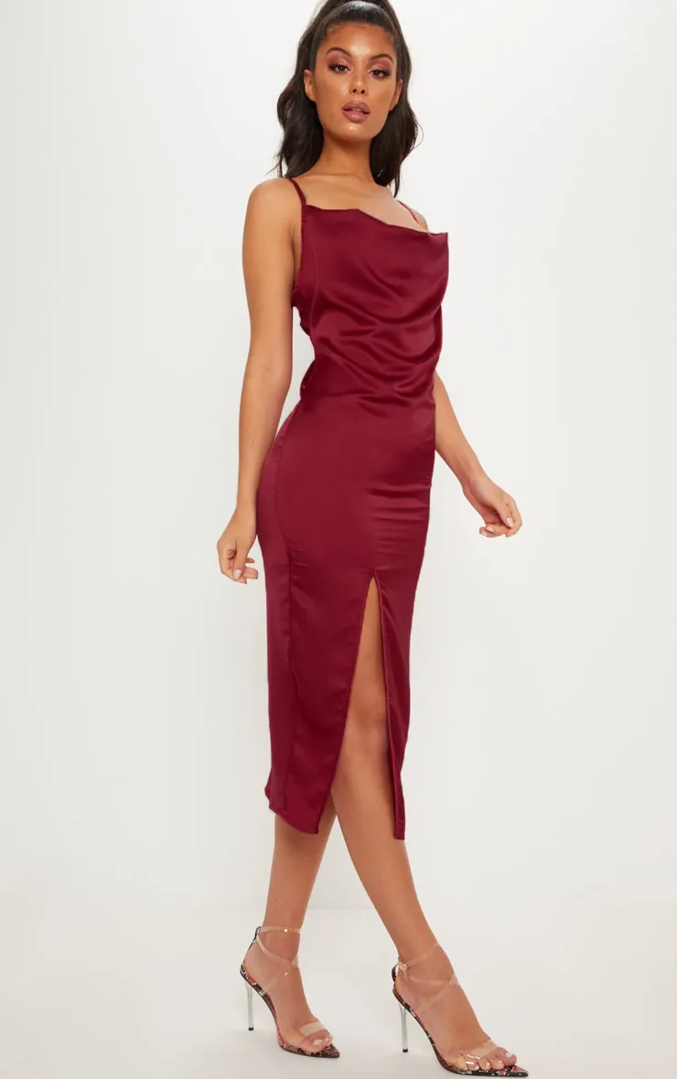 Burgundy Strappy Satin Cowl Midi Dress sold by Pretty Little Thing product image thumbnail 4