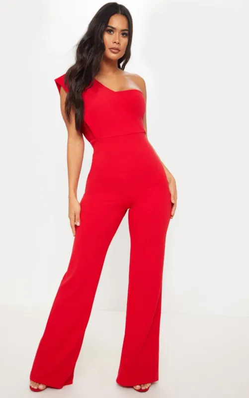 Red Drape One Shoulder Jumpsuit sold by Pretty Little Thing