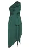 Emerald Green Satin One Shoulder Tie Waist Asymmetric Hem Midi Dress sold by Pretty Little Thing