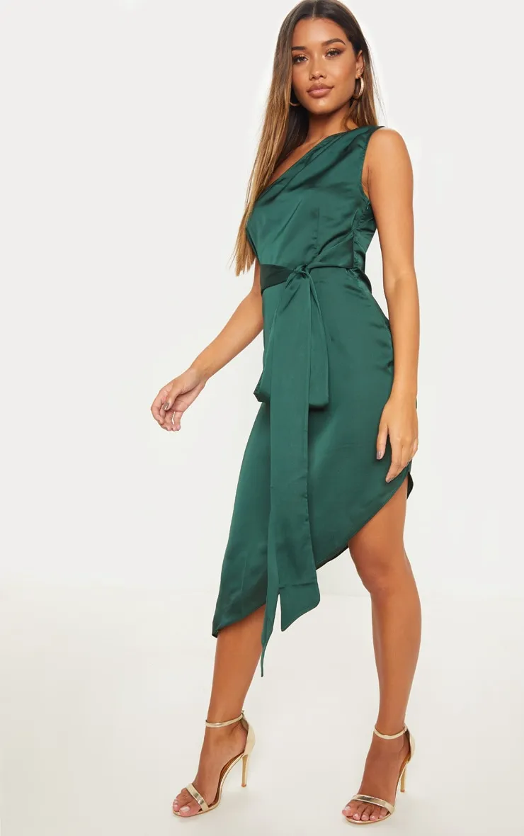 Emerald Green Satin One Shoulder Tie Waist Asymmetric Hem Midi Dress sold by Pretty Little Thing product image thumbnail 4