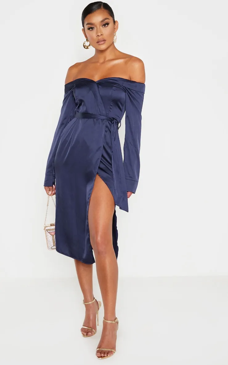 Navy Satin Bardot Lapel Detail Wrap Midi Dress sold by Pretty Little Thing