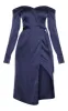 Navy Satin Bardot Lapel Detail Wrap Midi Dress sold by Pretty Little Thing