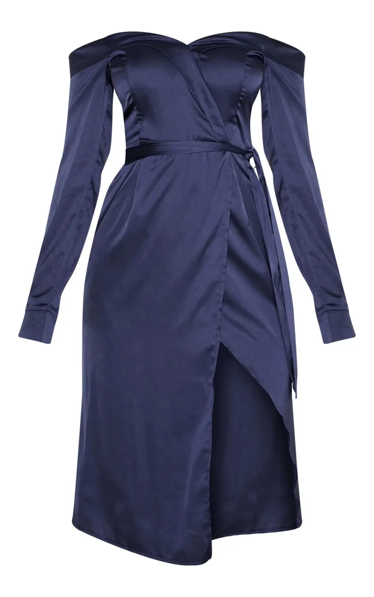 Navy Satin Bardot Lapel Detail Wrap Midi Dress sold by Pretty Little Thing product image thumbnail 3