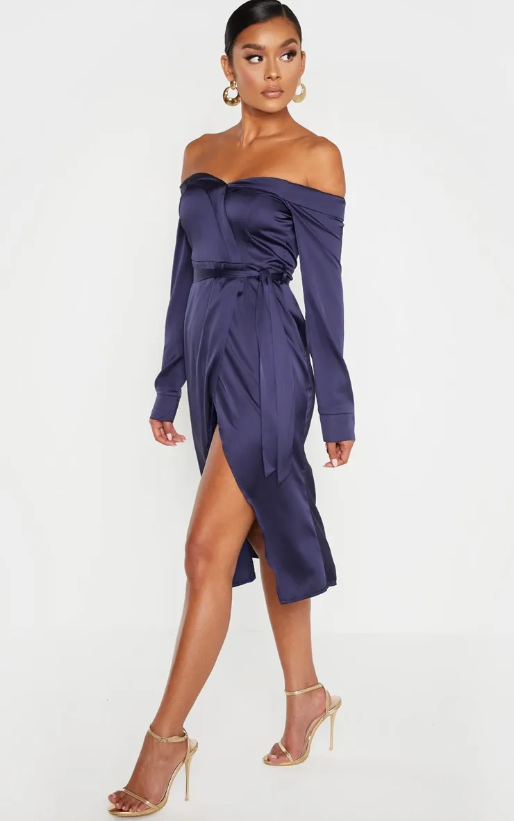 Navy Satin Bardot Lapel Detail Wrap Midi Dress sold by Pretty Little Thing product image thumbnail 4