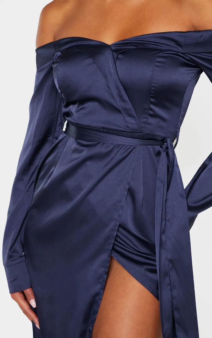 Navy Satin Bardot Lapel Detail Wrap Midi Dress sold by Pretty Little Thing product image thumbnail 5