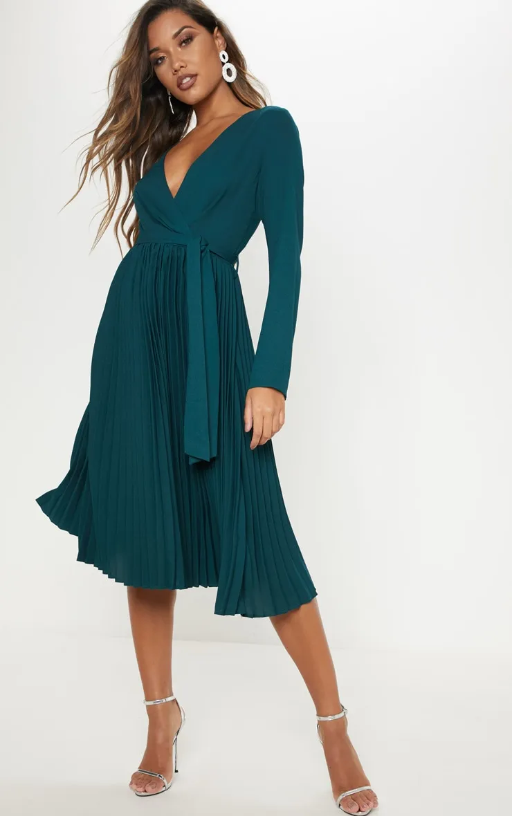 Emerald Green Long Sleeve Pleated Midi Dress sold by Pretty Little Thing