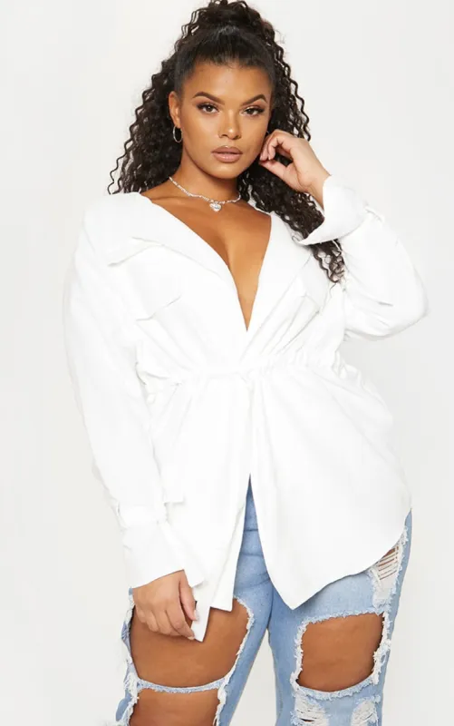 Plus White Faux Suede Cargo Ruched Waist Shirt sold by Pretty Little Thing
