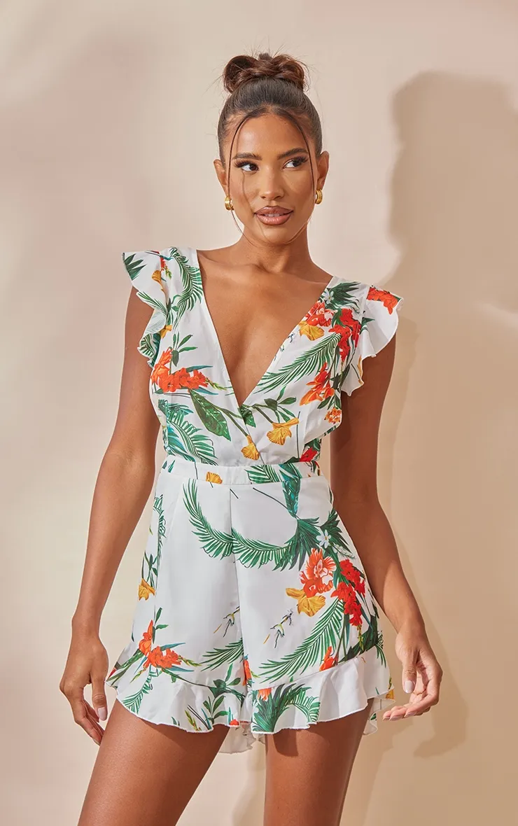 White Tropical Tie Back Playsuit sold by Pretty Little Thing