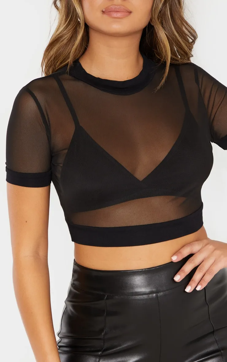 Black Mesh Crew Neck Short Sleeve Crop Top sold by Pretty Little Thing product image thumbnail 5