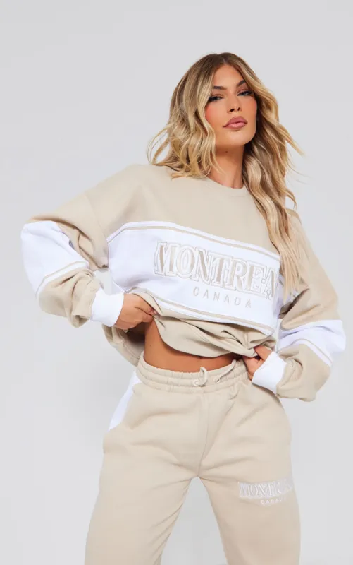 Beige Montreal Embroidered Panelled Oversized Sweatshirt sold by Pretty Little Thing
