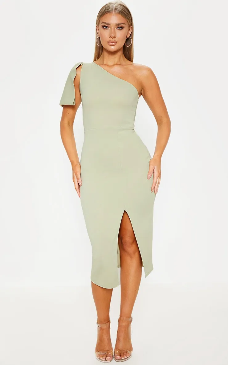 Sage Green One Shoulder Bow Detail Midi Dress sold by Pretty Little Thing