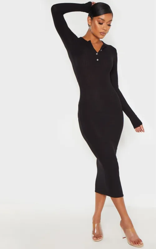 Black Brushed Rib Button Front Midaxi Dress sold by Pretty Little Thing