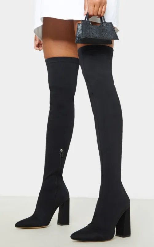 Black High Point Lycra Thigh High Boot sold by Pretty Little Thing