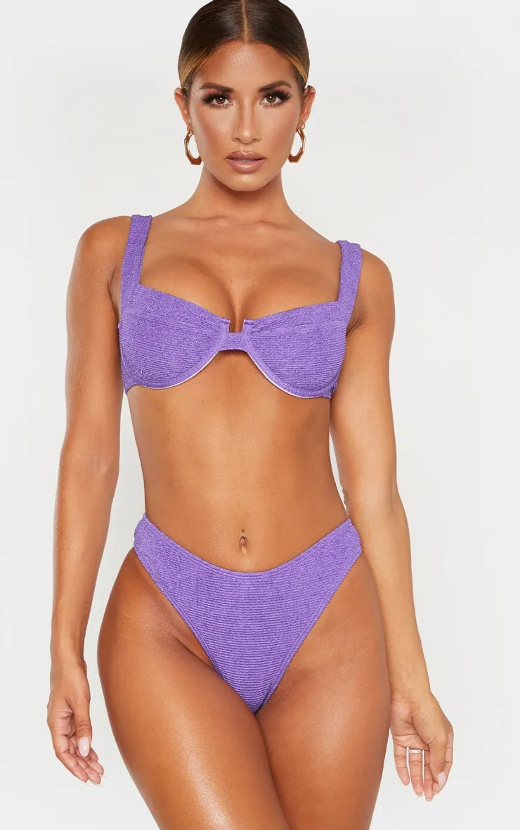 Purple Mini Crinkle Underwired Square Neck Bikini Top sold by Pretty Little Thing
