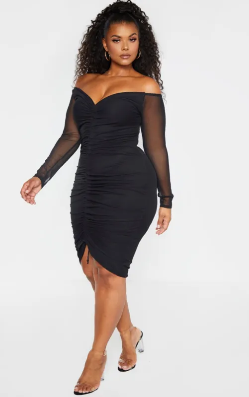 Plus Black Mesh Ruched Bardot Midi Dress sold by Pretty Little Thing