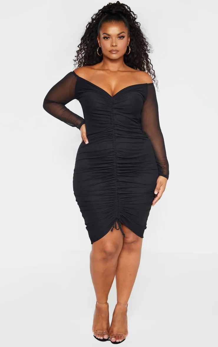 Plus Black Mesh Ruched Bardot Midi Dress sold by Pretty Little Thing product image thumbnail 3