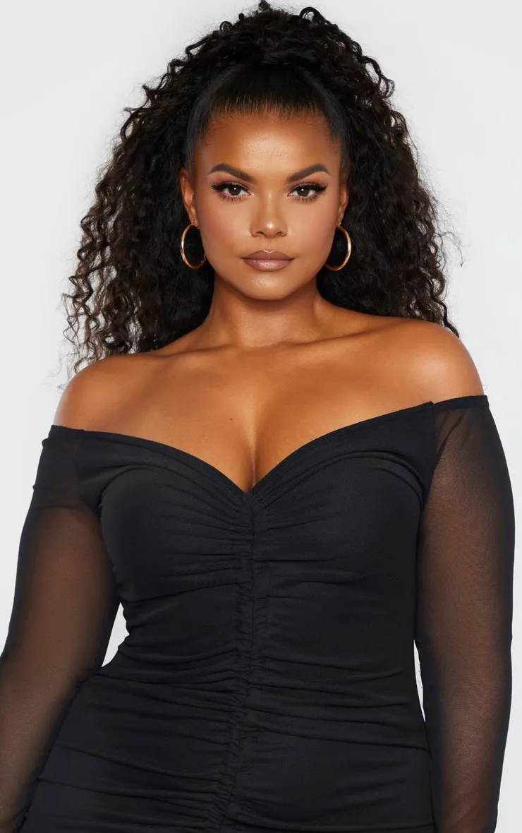 Plus Black Mesh Ruched Bardot Midi Dress sold by Pretty Little Thing product image thumbnail 4