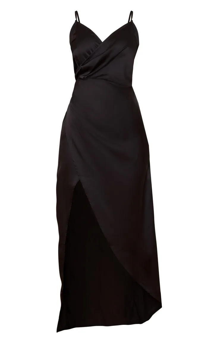 Petite Black Satin Wrap Detail Maxi Dress sold by Pretty Little Thing product image thumbnail 5