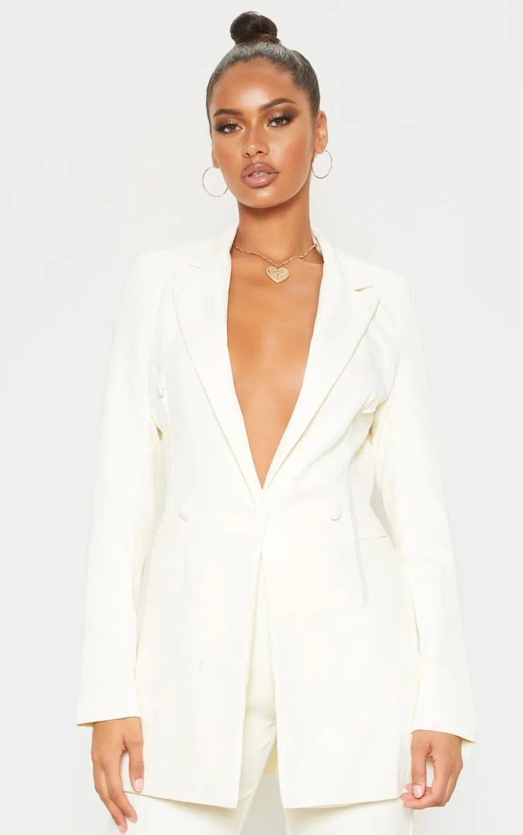 Cream Double Breasted Woven Blazer sold by Pretty Little Thing